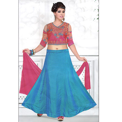 "Pink and Anandablue semi stitched  Ghagra  SWS-60 - Click here to View more details about this Product